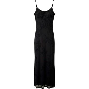 Y2K Suzy Shier Vintage Black Glitter Floral Mesh Overlay Maxi Dress Velvet Trim